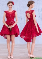 See Through Scoop High Low Wine Red Bridesmaid Dress with Lace