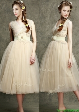 2016 Cheap Champagne V Neck Prom Dresses with Belt and Bowknot