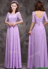 Exclusive Scoop Half Sleeves Lavender  Prom Dresses  with Appliques and Lace