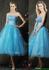 Lovely Strapless Applique Bust Baby Blue  Dama Dresses in Tea Length
