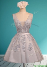 Modest Deep V Neckline Grey  Prom Dresses with Appliques and Belt