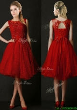 Modest Knee Length Red  Dama Dresses  with Beading and Appliques