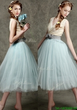 Cheap Hand Made Flowers and Belted V Neck  Dama Dresses  in Apple Green