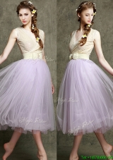 Popular New Style Lavender V Neck Bridesmaid Dresses with Bowknot and Belt