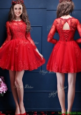 Popular Scoop Three Fourth Length Sleeves Short Bridesmaid Dresses with Beading and Lace