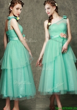 Popular See Through One Shoulder Bridesmaid Dress with Bowknot and Hand Made Flowers