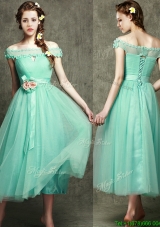 Romantic Off the Shoulder Cap Sleeves Dama Dresses  with Appliques and Hand Made Flowers