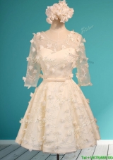 Elegant Scoop Half Sleeves Champagne Mother Dresses  with Appliques and Belt