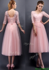 Elegant See Through V Neck Half Sleeves Mother Dresses with Lace and Belt