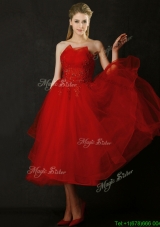 Elegant Tea Length Applique Red Bridesmaid Dress with Asymmetrical Neckline