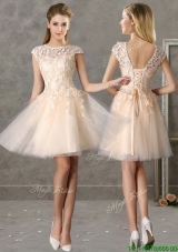 Popular Bateau Cap Sleeves Lace Bridesmaid Dress in Champagne