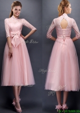Most Popular Laced High Neck Half Sleeves Mother Dresses  with Bowknot