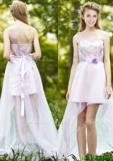 Comfortable One Shoulder High Low Prom Dresses with Sashes and Lace