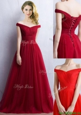 Elegant Off the Shoulder Cap Sleeves Prom Dresses in Wine Red