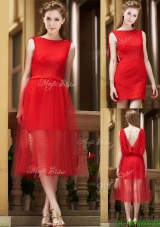 Exclusive Bateau Lace Tea Length  Prom Dresses in Red