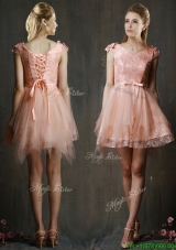 Modest V Neck Cap Sleeves Short Prom Dresses with Belt and Appliques