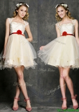 New Style Straps Short Prom Dresses  with Belt and Appliques