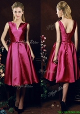 Popular V Neck Knee Length Bowknot Prom Dresses  in Fuchsia