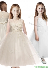 2016 See Through Scoop Appliques Little Girl Pageant Dress in Champagne