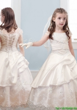 Fashionable Bateau Cap Sleeves Champagne Flower Girl Dress with Lace and Belt