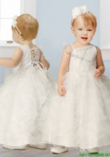 Sweet Asymmetrical Neckline Flower Girl Dress with Appliques and Ruffled Layers