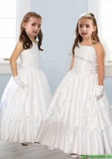 Discount Asymmetrical Neckline White Flower Girl Dress with Appliques