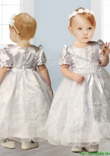 Popular Scoop Short Sleeves Flower Girl Dress with Beading and Appliques
