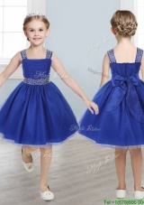 Perfect Straps Royal Blue Girls Party Dress with Beading and Bowknot