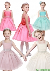 Popular Straps Tulle Girls Party Dress with Bowknot and Beading
