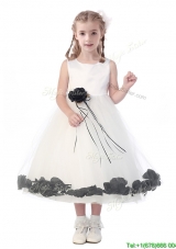 Romantic Scoop Flower Girl Dress with Hand Made Flowers and Appliques