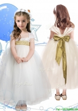 New Arrivals Square Cap Sleeves Girls Party Dress with Sashes