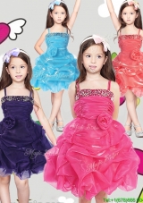 Latest Spaghetti Straps Girls Party Dress with Hand Made Flowers and Pick Ups