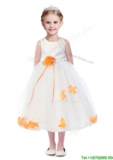 Popular Scoop Girls Party Dress with Orange Red Hand Made Flowers