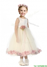 Popular Scoop Tulle Girls Party Dress with Hand Made Flowers and Appliques