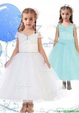 Pretty See Through Square Cap Sleeves Girls Party Dress with Beading