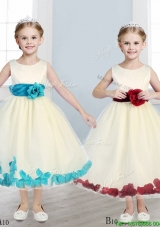 Sweet Scoop Girls Party Dress with Hand Made Flowers and Appliques