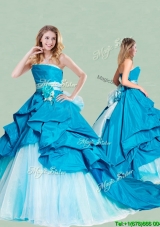 Beautiful Handcrafted Flowers and Ruffled Strapless Sweet 16 Quinceanera Gowns with Brush Train