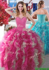 New Arrivals Beaded and Ruffled Quinceanera Gown in Hot Pink and Champagne