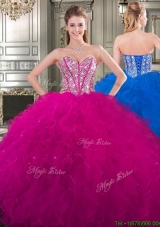Popular Beaded and Ruffled Big Puffy Sweet 16 Dress in Fuchsia