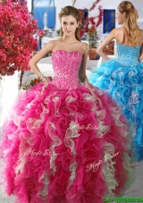 Romantic Rose Pink and White Organza Quinceanera Dress with Beading and Ruffles