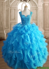 Cheap Straps Beading and Ruffles Quinceanera Dress in Aqua Blue