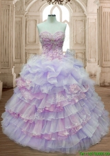 Pretty Lavender and Pink Quinceanera Dress with Ruffled Layers and Appliques