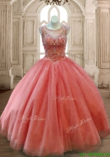 See Through Scoop Beading Quinceanera Dress in Rust Red