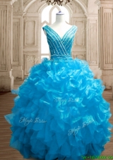 Wonderful Deep V Neckline Beading and Ruffles Sweet 16 Dress in Organza