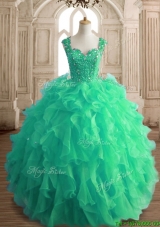 Affordable Beaded and Ruffled Straps Quinceanera Dress in Spring Green