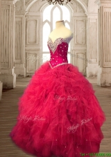 Classical Beaded and Ruffled Tulle Quinceanera Dress in Red