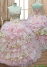 Discount Applique and Ruffled Layers Quinceanera Dress in Baby Pink and Yellow