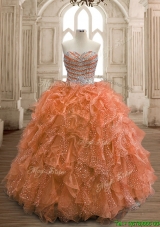 Exquisite Rust Red Organza Quinceanera Dress with Beading and Ruffles