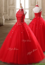 Fashionable Halter Top Beaded Tulle Quinceanera Dress in Red