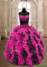 Modest Hot Pink and Black Quinceanera Dress with Beading and Ruffles